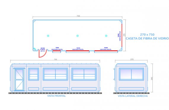 plan cabina modular grande 270x750 cm 