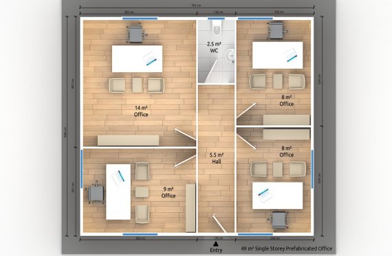 plan de oficina prefabricada 49 m2