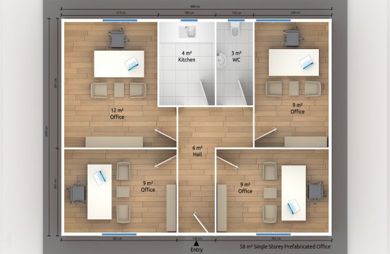 plan de oficina prefabricada 58 m2