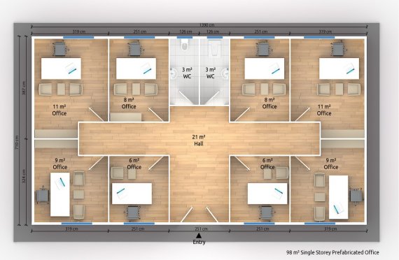 plan de oficina prefabricada 98 m2